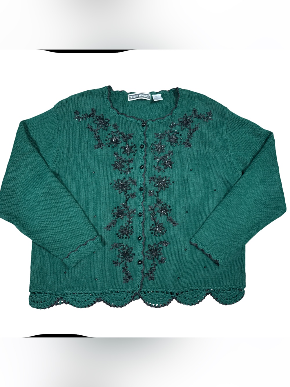 Debbie Morgan Green Embroidered Beaded Cardigan Sweater Women’s XL